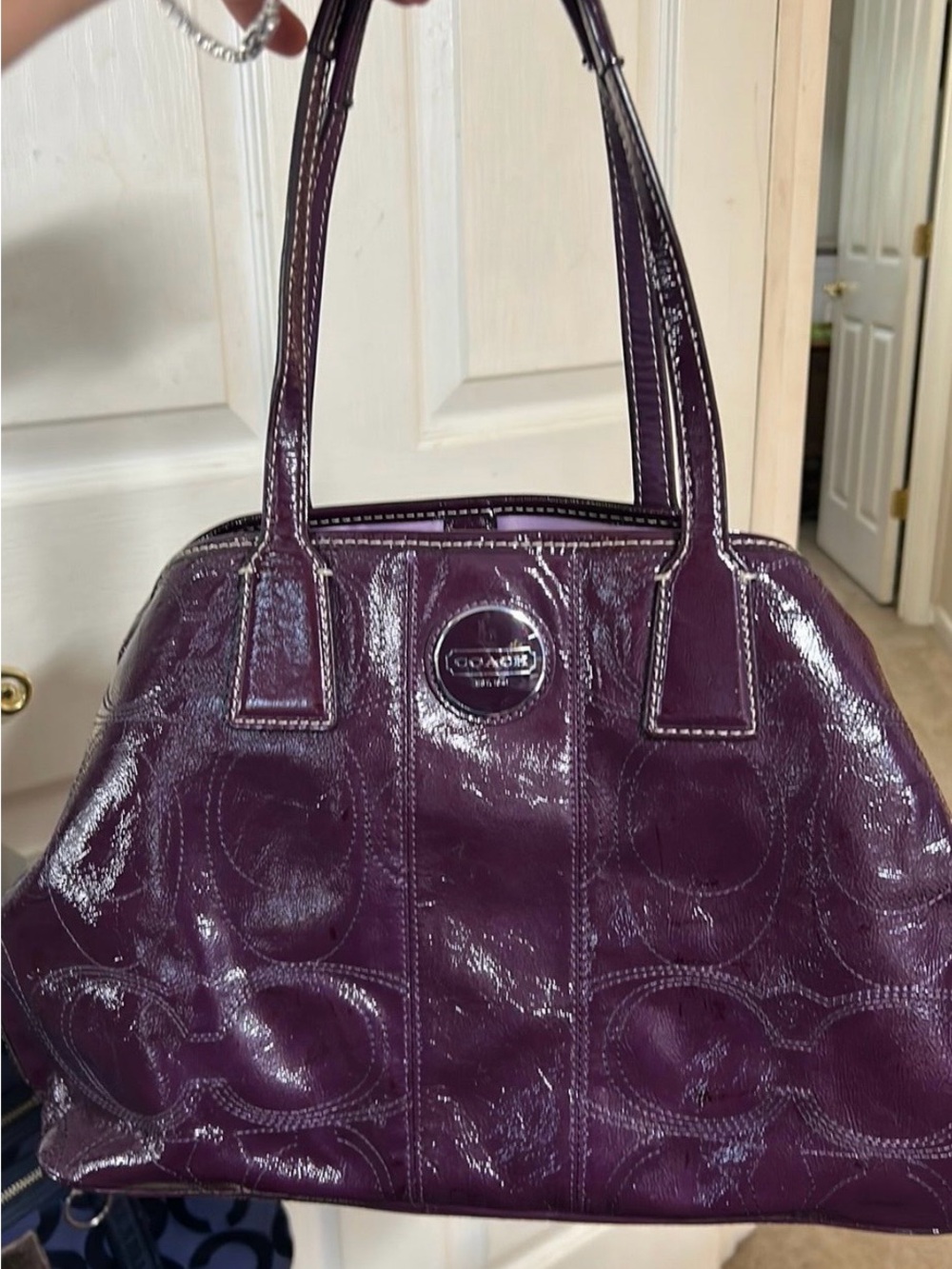 COACH - Plum-colored signature stitch framed kisslock carryall
